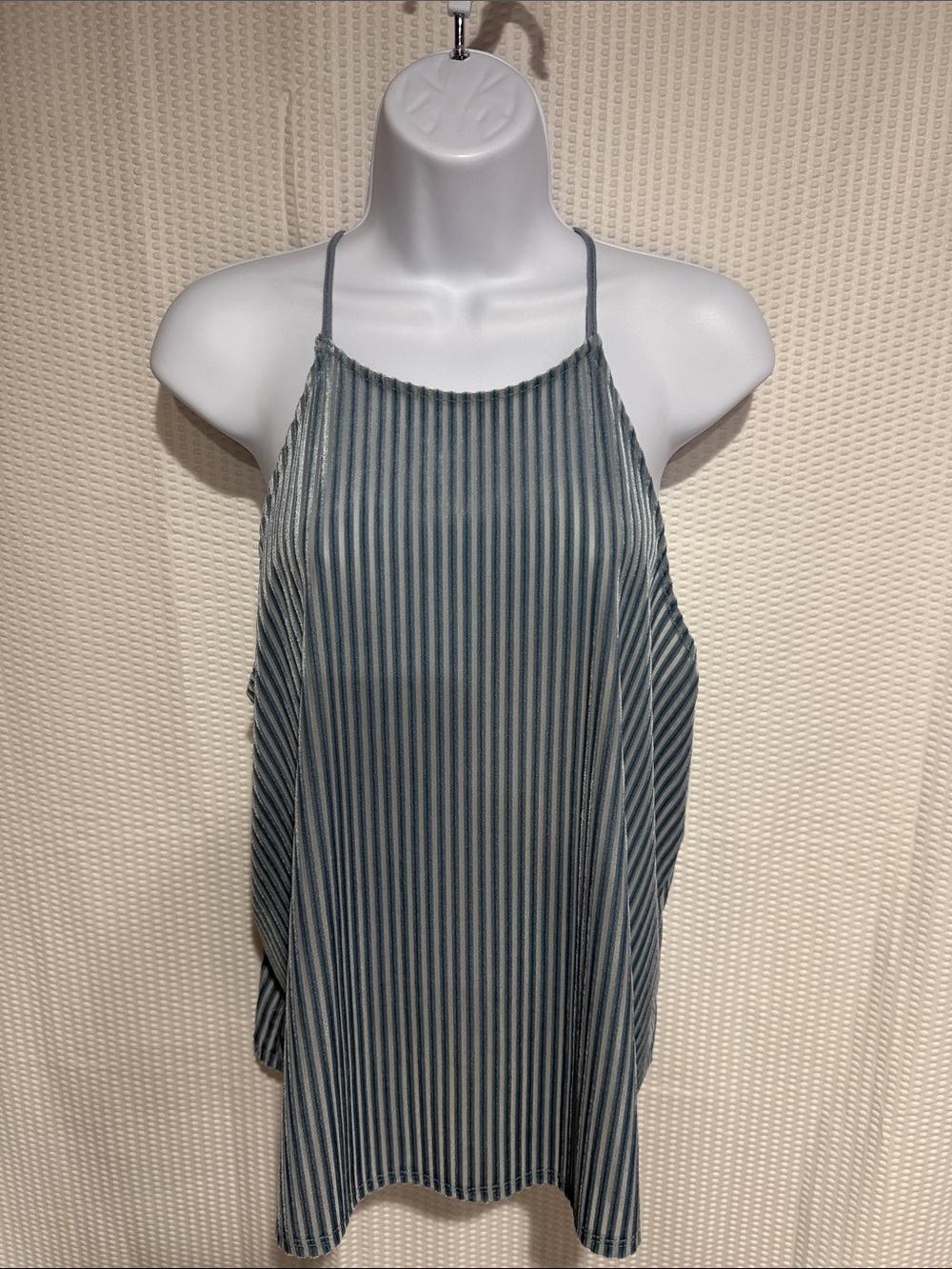 Striped Halter Tank Top - Slate Blue & Cream